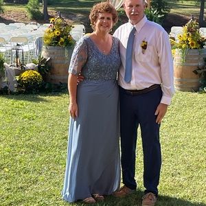 Oleg Cassini - Chiffon and Lace Empire Waist Gown - Steel Blue